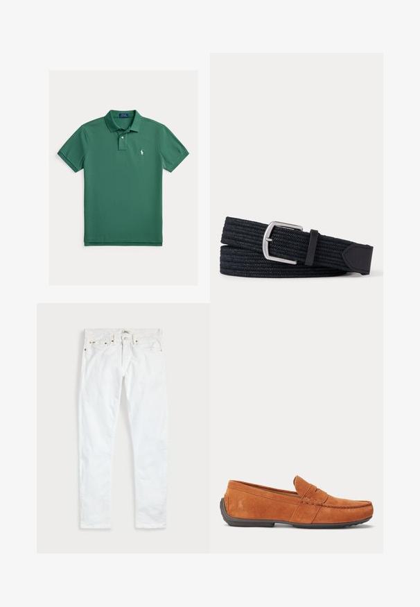 Zelené polokošeľa z bavlny, s klasickým golierom, dvoma gombíkmi, krátkymi rukávmi a malým bielym logom na ľavej strane hrudníka.; Biele slim fit džínsy s piatimi vreckami, zapínaním na gombíky a opaskovými pútkami, položené na rovnej svetlej jednofarebnej podložke.; Hnedé pánske semišové mokasíny s detailmi prešívania, otvorom na mincu na vrchu a tmavou gumovou podrážkou.; Čierny tkaný látkový opasok so striebornou obdĺžnikovou prackou a čiernym koženým koncom, stočený na bielom pozadí.