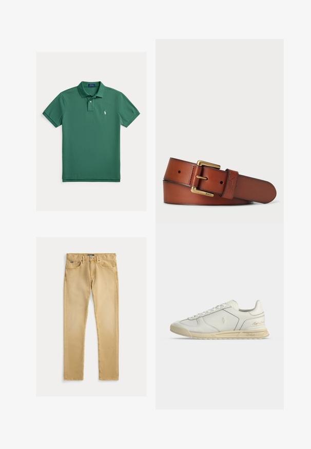 Roheline polosärk, mis on valmistatud puuvillast, varustatud klassikalise kraega, kahe nupu, lühikeste varrukatega ja väikese valge logoga vasakul rinnal.; Beige puuvillased teksad, millel on kitsas lõige, viie tasku disain ja nähtav õmblus. Omab metallist nöpp ja silt vööl.; Valged madala säärega nahast tossud beežide tallaga, eespaelaga ja Polo Ralph Laureni logodega külgedel ja kandadel.; Rikkalööv tõsises pruunis, millel on sile tekstuur. Omab kuldse tooni metallist pandlit ja reljeefse logode detaili. Mitmed suuruseaugud.