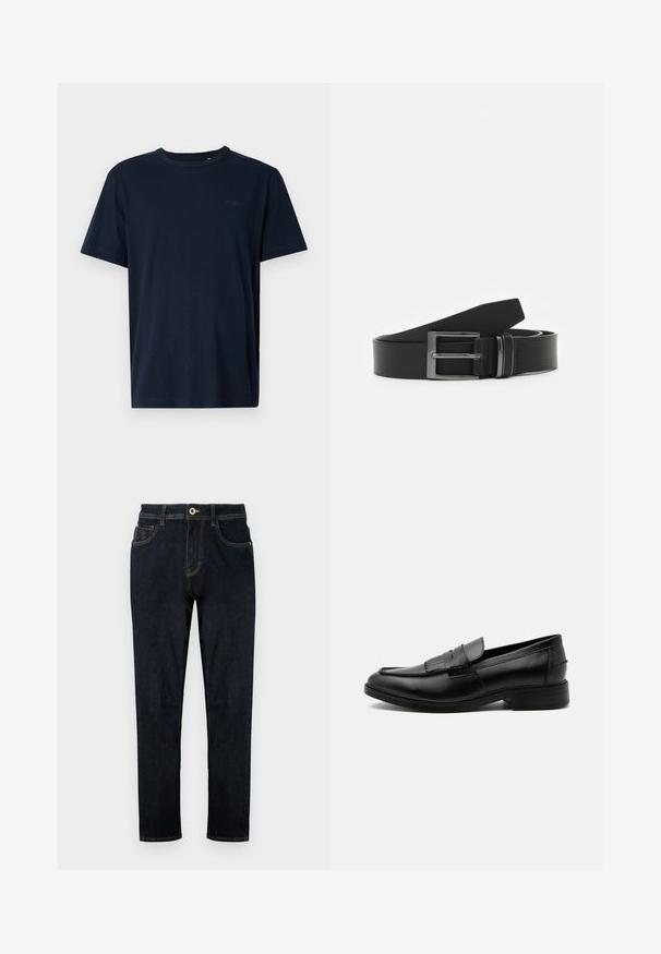 Mørkeblå kortærmet t-shirt lavet af blødt stof med en rund halsudskæring, prydet med et lille logo og året "1962" trykt på brystet.; TOM TAILOR TTJOSH REGULAR SLIM FIT - Jeans Straight Leg - rinsed blue denim; Sort læder herre loafers med kvast detalje, rundet tå, lav hæl og glat poleret finish, vist fra siden på hvid baggrund.; Sorte læderbælte med en rektangulær sølvmetalspænde, fladt design og glat tekstur. Enderne er tilspidsede for nem påtrækning.