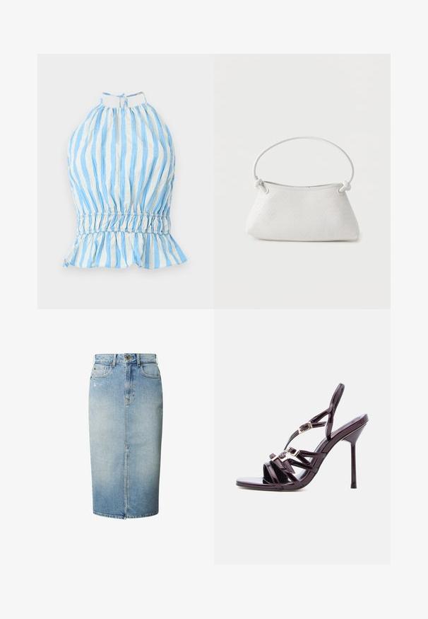 Haut à bretelles bleu et blanc rayé avec buste froncé, taille élastiquée et ourlet volanté. Fabriqué en tissu léger avec une finition texturée.; Jupe crayon en denim bleu clair avec fente à l'avant, passants pour ceinture, fermeture par bouton et style cinq poches.; Sandale à talon haut en cuir verni noir avec trois brides à l'avant, boucles dorées et une fine bride à la cheville sur fond blanc.; Sac à main en cuir tressé blanc avec poignée arrondie et extrémités de lanière nouées, présenté sur un fond uni.