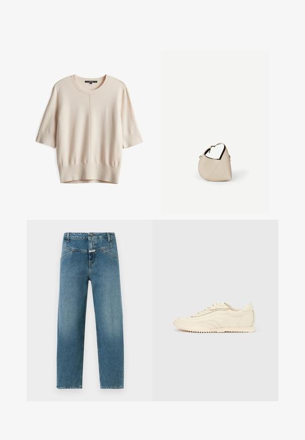 Lichtbeige korte mouwen sweater met een ronde hals, ribgebreide manchetten en tailleband; heeft een gladde, gestructureerde brei en centrale naaddetails.; Blauwe jeans met hoge taille en rechte pijpen, voorzien van een knoop- en ritssluiting aan de voorkant, schuine zijzakken en subtiele vervagingen langs de pijpen.; Low-profile sneaker in crèmekleur met golvende stiksels, vetersluiting en een geribbelde zool, zijaanzicht tegen een effen achtergrond.; Beige leren handtas in halvemaanvorm met een enkele schouderband en minimale stiksels, afgebeeld tegen een effen witte achtergrond.