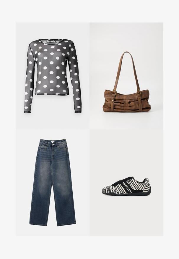 Langärmliges schwarzes Mesh-Shirt mit großen weißen Punkten. Hat einen runden Ausschnitt und eine glatte Textur, mit einer figurbetonten Silhouette.; Herrenhohe-taillierte blaue Jeans aus Denim mit weitem Bein, vorderem Knopf und Reißverschluss sowie Vorder- und Gesäßtaschen.; Schwarz-weißer Sneaker mit Schnürung, Zebramuster und texturierter schwarzer Sohle auf einem einfarbigen hellen Hintergrund.; Even&Odd Handtasche - brown
