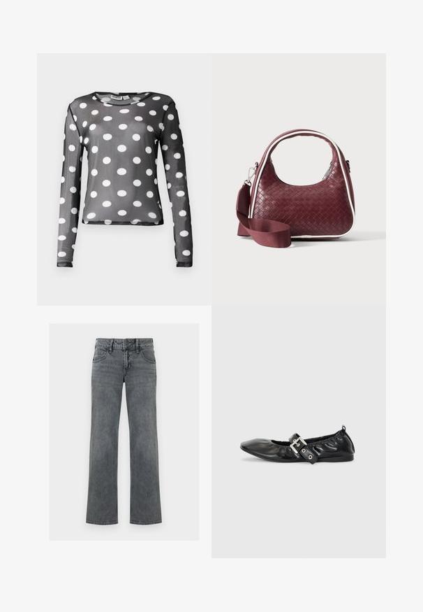 Langärmliges schwarzes Mesh-Shirt mit großen weißen Punkten. Hat einen runden Ausschnitt und eine glatte Textur, mit einer figurbetonten Silhouette.; Graue gerade geschnittene Jeans aus Denim mit vorderer Knopfleiste, Reißverschluss und fünffacher Taschenanordnung, vor weißem Hintergrund dargestellt.; Schwarze Leder-Ballerinas mit spitzem Zehenbereich, gerafften Details am Schaft und einem silbernen Schnallenakzent am verstellbaren Riemen.; Dunkelrote gewebte Ledertasche mit gebogenem Griff, weißem Besatz, silbernem Reißverschluss und abnehmbarem breitem Stoff-Schulterriemen vor einfarbigem Hintergrund.