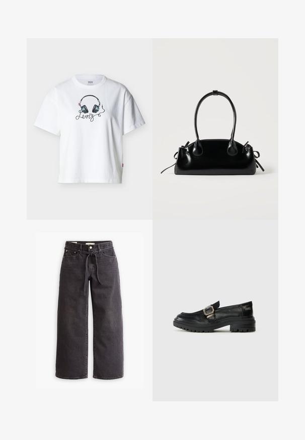 Λευκό T-shirt της Levi's με γραφικό μαύρων ακουστικών και καλώδιο που σχηματίζουν το όνομα της μάρκας "Levi's" στο στήθος.; Μαύρα τζιν παντελόνια με φαρδιά γραμμή, κατασκευασμένα από ντένιμ, με ζώνη που ρυθμίζεται με κορδόνι, πέντε τσέπες και λεπτομέρειες σε αντίθεση στο ράψιμο. Σχεδίαση με επίπεδο μπροστινό μέρος.; Μαύρες δερμάτινες μονοχρωμίες με κόσμημα από κούμπωμα, εφοδιασμένες με υφή σόλας και στρογγυλή μύτη. Ο σχεδιασμός είναι κομψός, με ελαφρώς ανυψωμένη φτέρνα.; Μικρή μαύρη γυαλιστερή τσάντα με δύο μακριές λαβές και λεπτομέρειες με ρυθμιζόμενο κορδόνι στο πλάι σε απλό ανοιχτό φόντο.