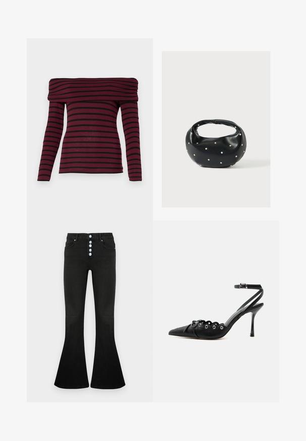 Bordeaux off-shoulder langærmet top med sorte vandrette striber, som har en indsamlet hals og en tætsiddende silhuet. Blød stofstruktur.; Sorte jeans med flare og høj talje, fem-knaps lukning, blød denimbeklædning og diskrete syningsdetaljer på lommer og syninger.; Sort spids hæl med bølgede kanter, metaløjer, snørelukning foran og ankelrem med spænde.; Sort læderhåndtaske med en rundet form, dekoreret med sølvnitter, og et kort håndtag. Glat tekstur og lynlåslukning.