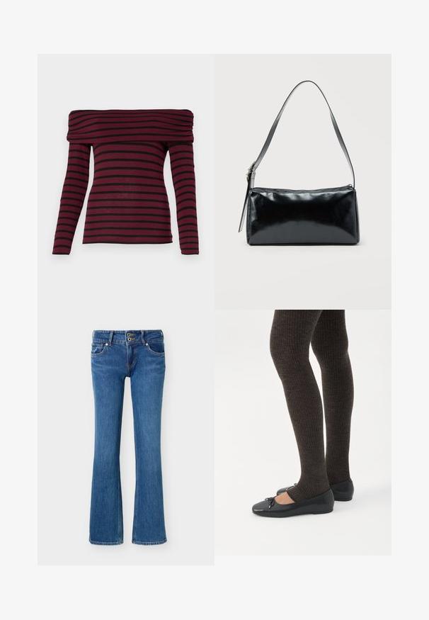 Bordeaux off-shoulder langærmet top med sorte vandrette striber, som har en indsamlet hals og en tætsiddende silhuet. Blød stofstruktur.; Blå denim bootcut-jeans med dobbelt knaplukning, lommer foran og bagpå samt standard syningsdetaljer.; Ben iført mørke ribbede leggings kombineret med sorte balletsko med små sløjfedetaljer på hvid baggrund.; Sort rektangulær skuldertaske med en enkelt justerbar rem og lynlås i toppen på en ensfarvet baggrund.