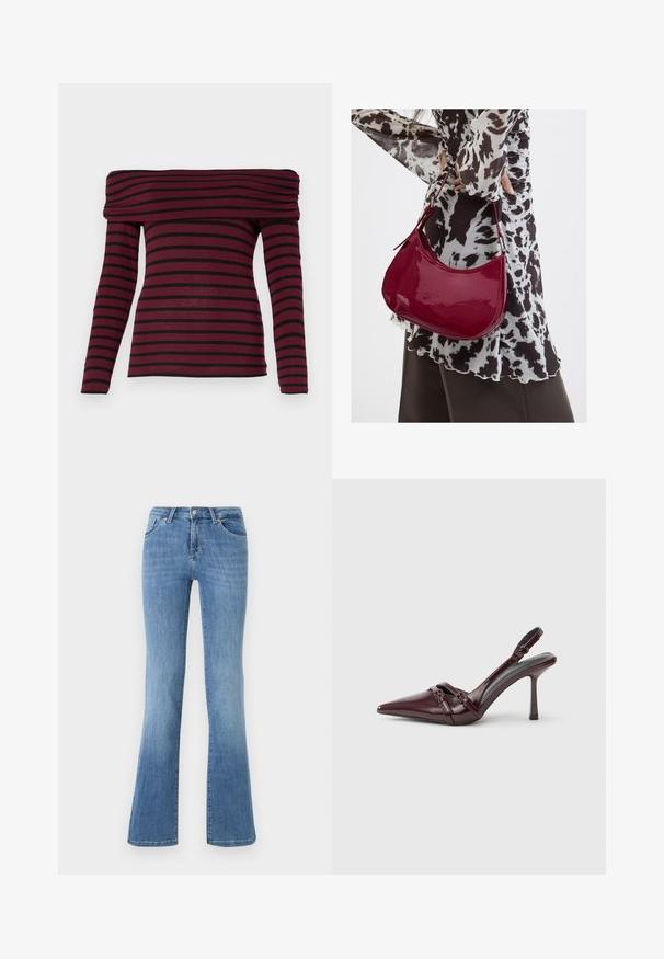 Bordeaux off-shoulder langærmet top med sorte vandrette striber, som har en indsamlet hals og en tætsiddende silhuet. Blød stofstruktur.; Lysblå flagrende jeans lavet af denim, med fem lommer, frontlynlås og knaplukning. Afbleget mønster på lårene og kanten.; Bourgogne laklæder slingback-hæl med spids tå, tynd ankelrem og lille dekorativ spænde. Glat tekstur og høj hæl.; Kvinde iført en sort- og hvidmønstret bluse, der holder en blank rød skuldertaske mod en ensfarvet baggrund.