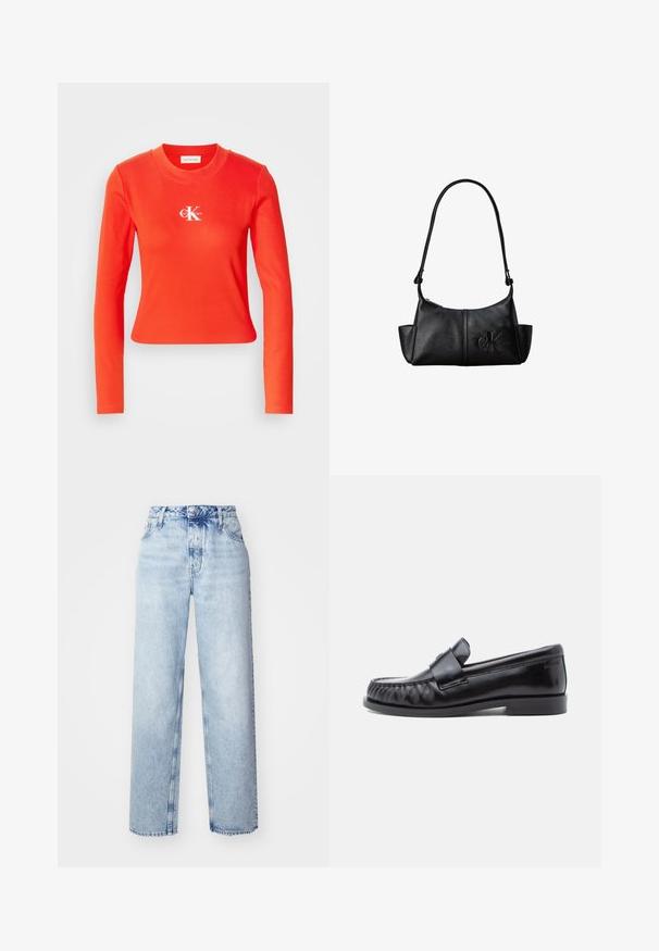 Rød langærmet bomuldsbluse med ribbet tekstur og rund udskæring. Har et hvidt logo på brystet. Kort design.; Lyseblå højtaljede jeans med løs pasform, der har lige ben, fem lommer og en klassisk knap- og lynlåslukning.; Sorte læderloafers med rundet tå, karakteristisk syning og en dekorativ rem over vampen. Glat finish og lav hæl.; Sort læder skuldertaske med lang rem, sidelommer og præget Calvin Klein-logo på fronten.