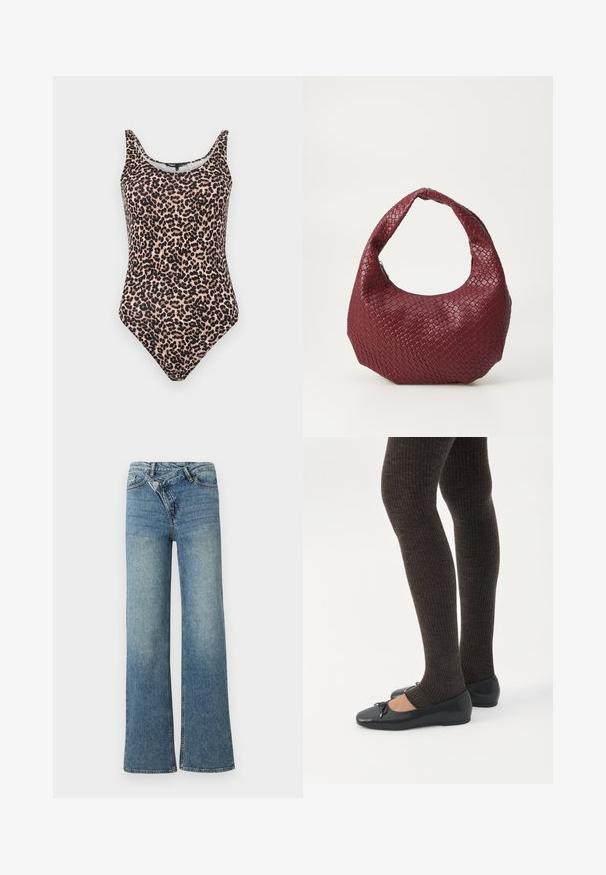 Maillot de bain une pièce à imprimé léopard dans des nuances de beige et de noir. Doté d'un col rond, de bretelles tank et d'une taille haute. Texture de tissu lisse.; Jean en denim bleu clair à jambes larges avec une taille haute, un délavage clair et une fermeture à bouton à l'avant. Comprend cinq poches et des coutures minimales.; Jambes portant des leggings côtelés foncés associés à des ballerines noires avec de petits détails en nœud sur fond blanc.; Sac à main tissé bordeaux avec une silhouette arrondie, une seule poignée et une finition texturée. Fermeture zippée en haut.
