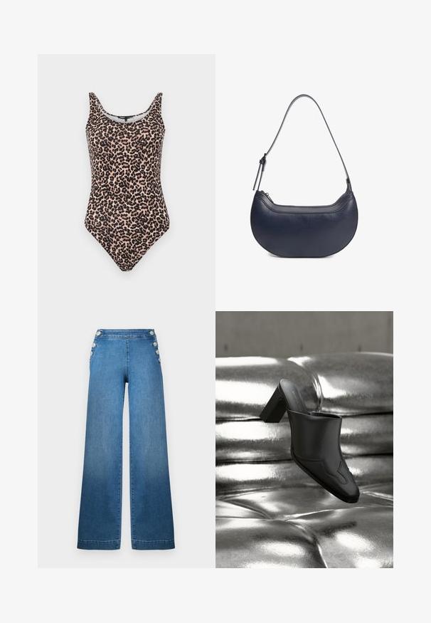 Maillot de bain une pièce à imprimé léopard dans des nuances de beige et de noir. Doté d'un col rond, de bretelles tank et d'une taille haute. Texture de tissu lisse.; Pantalons en denim bleu à jambes larges, avec une taille haute, des accents à boutons sur les côtés, et un ourlet net. Le tissu a une texture lisse avec un léger délavage.; Mule en cuir noir avec talon bloc reposant sur une surface argentée brillante capitonnée, mettant en valeur son design élégant et ses détails incurvés.; Sac à main en cuir bleu marine en forme de croissant avec une bandoulière réglable et une fermeture éclair sur le dessus.