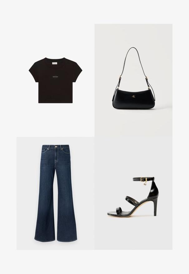 Sort kortærmet crop top med rund halsudskæring og lille hvid "Calvin Klein" logo tekst centreret på brystet.; Vidde-ben mørk denim jeans med høj talje, der har forlommer og guldfarvet hardware. Glat tekstur og jævn farve over det hele.; Sorte patenterede lædersandaler med tre stropper, ankelspænde og 10 cm stiletthæl. Har detaljer i guld og et logo charms.; Sort læder skuldertaske med kurvet form, justerbar rem og gyldent "cK" logo foran i midten.
