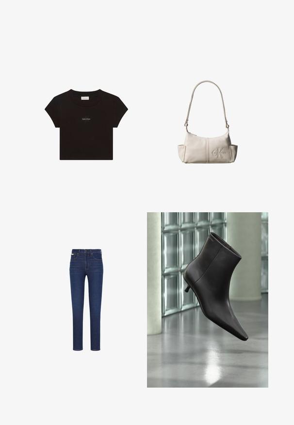 Sort kortærmet crop top med rund halsudskæring og lille hvid "Calvin Klein" logo tekst centreret på brystet.; Mørkeblå slim fit jeans med forlommer, bæltestropper og knaplukning, vist på hvid baggrund.; Sort læderankelstøvle med spids tå og lille hæl vist mod en væg af glasblokke og poleret gulv baggrund.; Lille beige læder skuldertaske med justerbar rem og præget Calvin Klein-logo foran i midten.