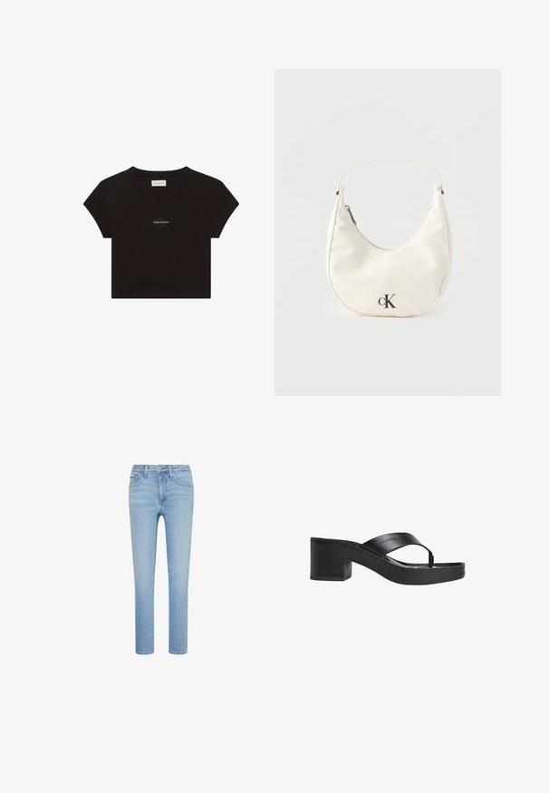 Sort kortærmet crop top med rund halsudskæring og lille hvid "Calvin Klein" logo tekst centreret på brystet.; Lyseblå denimjeans, lige snit, fem-lommer stil, med forreste knap- og lynlås lukning, med subtile falmninger og syningsdetaljer.; Sort læder sandal med hæl, thong-rem og lav blokhæl, med Calvin Klein-logo på remmen.; Lille hvid halvmåneformet håndtaske med kort rem, lynlås og sort "cK"-logo foran.