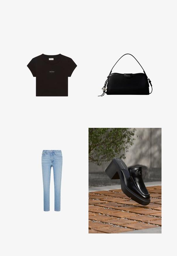 Sort kortærmet crop top med rund halsudskæring og lille hvid "Calvin Klein" logo tekst centreret på brystet.; Lyseblå slim-fit jeans med fem lommer, knaplukning foran og lynlås, vist mod en hvid baggrund.; Sort læder Calvin Klein slip-on mule med blokhæl, der hviler på trætøj udendørs nær en grøn plante og en grå væg.; Sort rektangulær Calvin Klein håndtaske med enkelt toprem, sølvlogo vedhæng og lille klaplukning foran.