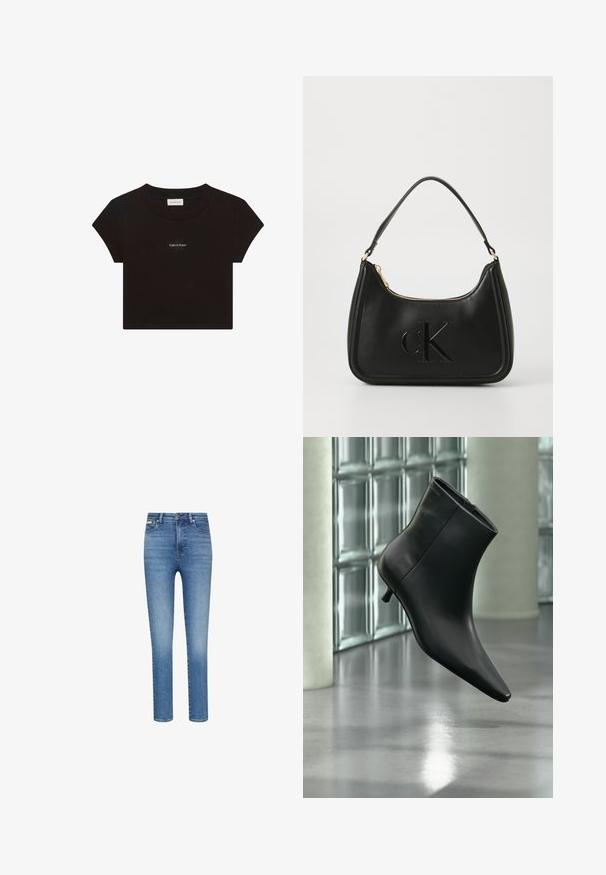 Schwarzes kurzärmeliges Crop-T-Shirt mit rundem Ausschnitt und kleinem weißen "Calvin Klein" Logo-Text mittig auf der Brust.; Eng anliegende Jeans aus mittelblauem Denim mit mittlerer Waschung. Verfügt über eine hohe Taille, ein Fünf-Taschen-Design und kontrastierende Nähte.; Schwarzer Leder-Stiefelette mit spitzer Zehenpartie und niedrigem Kitten-Heel, schräg dargestellt vor einem polierten Boden und einer Glasbausteinwand.; Schwarze Lederhandtasche mit geschwungener Form, ausgestattet mit einem goldenen Reißverschluss und einem dezent geprägten "cK"-Logo. Glatte Textur und ein einzelner Griff.
