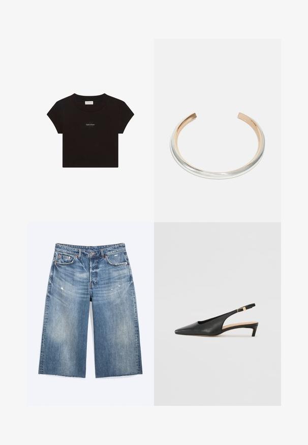 Sort kortærmet crop top med rund halsudskæring og lille hvid "Calvin Klein" logo tekst centreret på brystet.; Blå denim knælange shorts med let slid, forlommer, bæltestropper og knaplukning.; Sorte læder slingback hæle med spids tå, lav hæl og justerbar ankelstrop med en guldfarvet spænde. Glat tekstur.; Sølv- og rosaguld armbånd med en glat metalfinish, der har et minimalistisk design og åbne ender for justerbar størrelse.