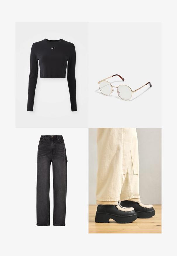 Sort langærmet cropped top lavet af blødt stof, med rund halsudskæring og et hvidt Nike-logo på brystet.; Højtaljede cargo jeans i sort denim med vid ben-design, sidelommer og subtile falmning detaljer. Holdbart stof og kontraststik.; Sorte platformstøvler med en rund tå, der har en fluffy cremefarvet krave og snøre detaljer, parret med løse beige bukser på et trægulv.; Guldmetals ovale briller med klare linser. Skildpadde-mønster detaljer på stængerne. Justerbare næsepuder for komfort.