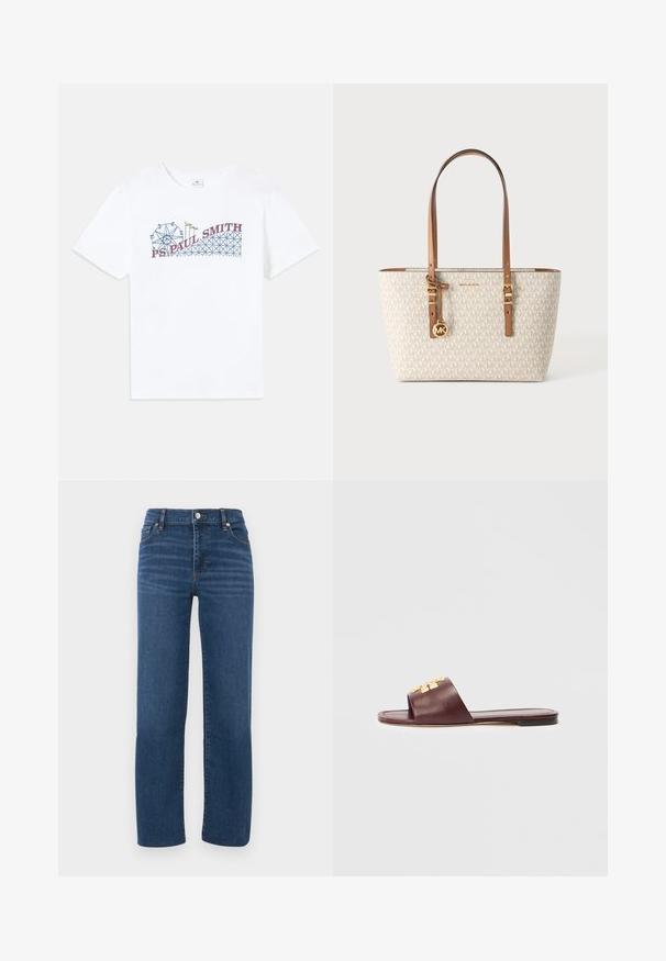 Biely bavlnený tričko s farebnou grafikou kolotoča a horskej dráhy, s textom "PS Paul Smith" v červenej a modrej farbe.; Modré deniminové džínsy so straight-leg strihom, vysokým pásom, prednými vreckami a klasickým päťvreckovým dizajnom. Hladká textúra; minimálne švy.; Ploché bordové kožené sandále s otvorenou špičkou, so širokým popruhom a zlatým dekoratívnym kovovým doplnkom, s čiernou podrážkou.; Béžová a hnedá taška typu tote s dlhými rukoväťami, celoplošný vzor opakujúceho sa loga, zlatý kovový prívesok s logom a detaily s prackami na popruhoch.