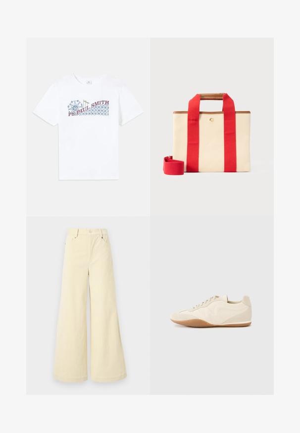 Witte katoenen t-shirt met een kleurrafische afbeelding van een reuzenrad en een achtbaan, met de tekst "PS Paul Smith" in rood en blauw.; Wijduitlopende broeken van zacht beige stof met een textuurafwerking, voorzien van zijzakken, riemlussen en een enkele knoopsluiting.; Lichtbeige sneakers met een textuur van leer op het bovenwerk, getextureerde zijpanelen en een rubberen zool. Voorzien van een slank, gestroomlijnd ontwerp en platte veters.; Beige rechthoekige canvas tas met brede rode banden, bruine leren afwerking en een afneembare rode schouderriem op een lichte achtergrond.