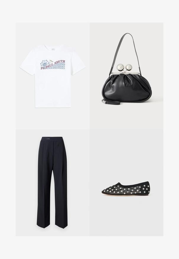 T-shirt en coton blanc avec un graphique coloré d'une grande roue et d'une montagne russe, avec le texte "PS Paul Smith" en rouge et bleu.; Pantalon taille haute bleu marine en tissu lisse, coupe large avec plis sur le devant et ceinture à logo.; Chaussure plate noire à bout pointu, en maille avec de grands pois argentés, et un petit nœud à l'avant. Tissu texturé.; Sac à main en cuir noir avec un design plissé, une sangle unique, un cadre métallique argenté et deux grandes fermoirs ronds en argent.