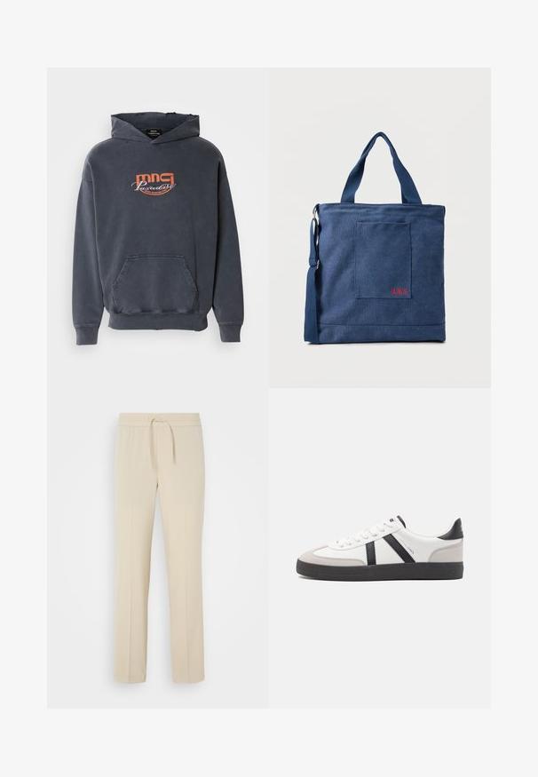 Mørkegrå hoodie med en frontlomme, snoretræk i hætten og orange grafisk logo "mmg Paradise Disco Dancing Club" på brystet. Fabric i bomuldsblanding.; Beige, elastisk taljebukser med snoretræk. Har lige ben og en glat tekstur, velegnet til afslappet brug eller afslapning.; Hvide sneakers med sorte og grå detaljer, med en tekstureret grå tåhætte, sort gummisål og flade hvide snørebånd. Rent design, minimalistisk stil.; Blå lærredstote taske med frontlomme og rød "O.N.S" broderi, med to håndtag og en justerbar skulderrem.