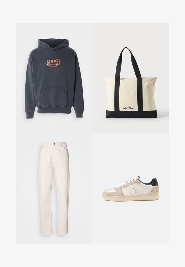 Mørkegrå hoodie med en frontlomme, snoretræk i hætten og orange grafisk logo "mmg Paradise Disco Dancing Club" på brystet. Fabric i bomuldsblanding.; Hvide denim jeans med lige ben, med knap- og lynlåslukning, bæltestropper samt for- og baglommer, præsenteret på en ensfarvet baggrund.; Lavtop sneaker i beige ruskind og hvidt læder med sort hælkappe, "Replay" logo på siden og hælen, beige sål med mønstret kant.; Canvas-totepose med lange sorte håndtag, sort bundkant og frontlomme med "Les Deux" logo i sort skrift.