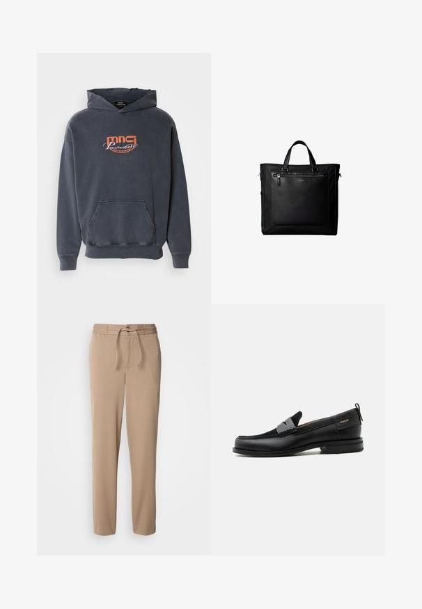 Mørkegrå hoodie med en frontlomme, snoretræk i hætten og orange grafisk logo "mmg Paradise Disco Dancing Club" på brystet. Fabric i bomuldsblanding.; Beige sweatpants lavet af blød bomuld, med elastisk talje, snor i livet, slim fit og lige ben uden mønstre.; Sort læderloafer med grå remdetalje, lav hæl og tekstureret sål, mærket med "HUGO" i guld på siden.; Sort taske med dobbelte håndtag, stor læderlomme foran med lynlås og diskret Calvin Klein-logo midt på lommen.
