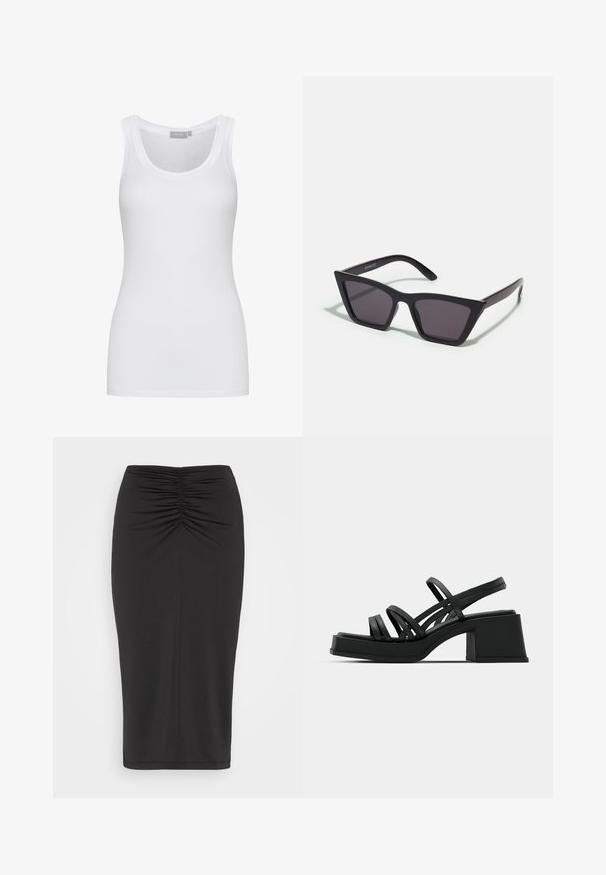 Débardeur blanc en coton avec un col rond et une coupe ajustée. Doté de larges bretelles et d'une texture lisse. Aucun motif ni accent visible.; Anna Field by Zalando Jupe crayon - black; Sandales noires à talons avec plusieurs fines lanières et un large talon carré. Design élégant avec une texture mate. La semelle intérieure a une légère courbure.; Lunettes noires angulaires avec des verres gris ; fabriquées en plastique, avec des branches épaisses à la surface lisse et sans matériel visible.