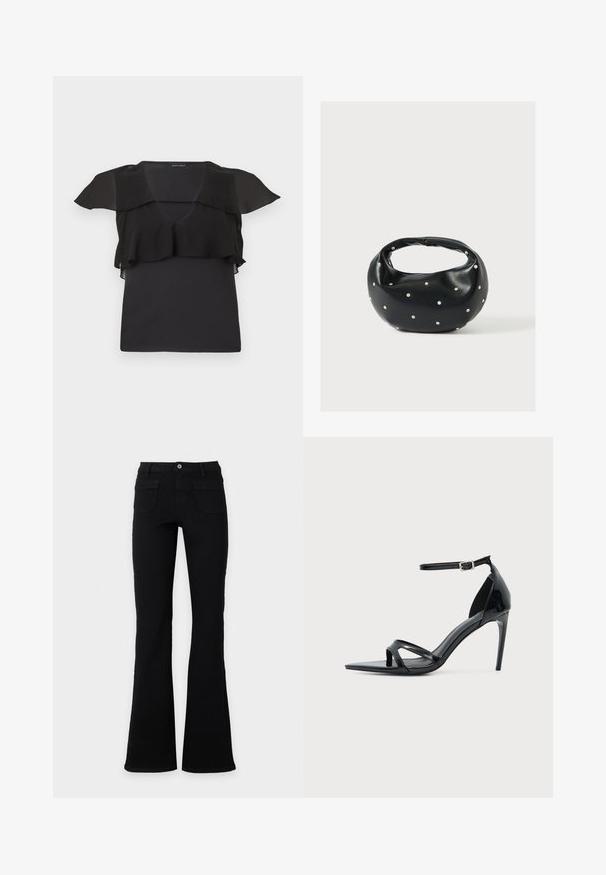 Haut noir sans manches avec détail froncé transparent sur les épaules et la poitrine, col en V et silhouette ajustée.; Jean flare noir taille haute avec poches avant, passants de ceinture et fermeture par bouton, présenté sur un fond blanc uni.; Sandale à talon haut en cuir verni noir avec fine bride à la cheville, bout ouvert et design minimaliste sur fond clair uni.; Sac à main en cuir noir de forme arrondie, décoré de clous argentés et équipé d'une poignée courte. Texture lisse et fermeture éclair.