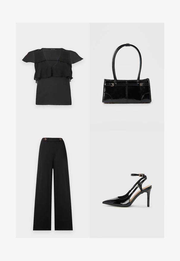 Haut noir sans manches avec détail froncé transparent sur les épaules et la poitrine, col en V et silhouette ajustée.; Pantalon noir à jambes larges avec une taille haute, doté de deux boutons marron et d'un tissu lisse et texturé. Sans motifs ni accents supplémentaires.; Escarpin en cuir verni noir à talon haut, avec un bout pointu, une bride réglable à la cheville et des côtés ouverts. Texture lisse.; Sac à main rectangulaire noir brillant avec deux fines bretelles et petits détails de boucles dorées à l'avant.