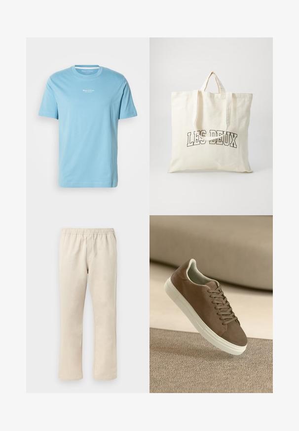 Ανοιχτό μπλε βαμβακερό t-shirt με κοντά μανίκια και στρογγυλή λαιμόκοψη. Διαθέτει μικρό λευκό λογότυπο τυπωμένο στο στήθος. Μαλακή υφή.; Μπεζ παντελόνι κανονικής γραμμής με ελαστική μέση, ίσιο μπροστά και χωρίς ορατές τσέπες σε ανοιχτό φόντο.; Καφέ σουέτ αθλητικά παπούτσια με λεία υφή, σχέδιο με κορδόνια και λευκή καουτσούκ σόλα. Διαθέτουν στρογγυλή μύτη και κομψή μορφή.; Καμβάς τσαντάκι σε εκρού, με κοντούς χειρολαβές και τυπωμένο κείμενο "LES DEUX" σε έντονες μαύρες γραμμές. Ανθεκτικός, απλός σχεδιασμός.
