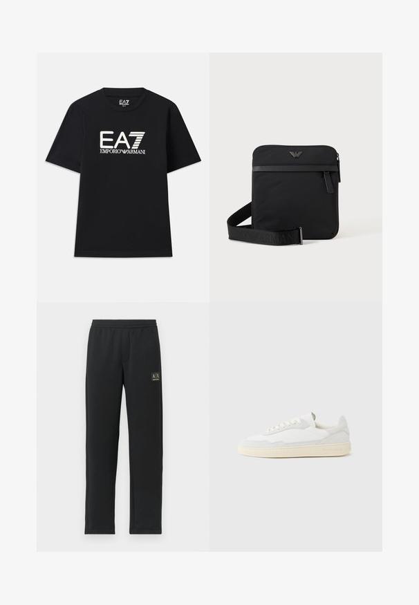 Must musta T-särk, mis on valmistatud puuvillast, ümmarguse kaelusega ja lühikeste varrukatega. Ees on valge tikandiga logo "EA7 EMPORIO ARMANI".; Mustad mustad püksid otse lõikega, elastse vöökoha ja musta logoga vasaku reie ülemises osas.; Valge tennisejalanõu, mille ülemine osa on valmistatud tekstuurse seemisnahast ja nahast. Omab ümarat ninaosa, paeltega sulgurit ja kontrastset beeži kummist tallaga.; Must ruudukujuline õlakott tõmblukuga, esitasku ja reguleeritava rihmaga, millel on reljeefne kaubamärgi nimi.