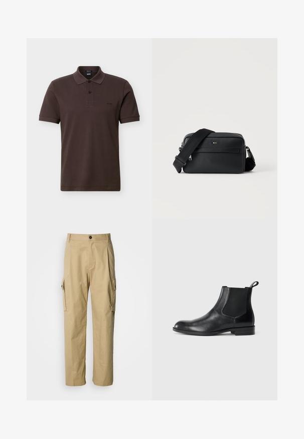 Polo marron à manches courtes avec col, deux boutons, et petit logo brodé "BOSS" sur la poitrine gauche.; Pantalon cargo beige en tissu résistant, avec une coupe décontractée, des poches latérales et une fermeture par bouton à la taille.; Bottine en cuir noir avec des panneaux latéraux élastiques, bout rond et tirette. Texture lisse, semelle plate, design minimaliste.; Sac bandoulière en cuir noir texturé avec poche avant zippée et bandoulière large en tissu réglable sur fond blanc.