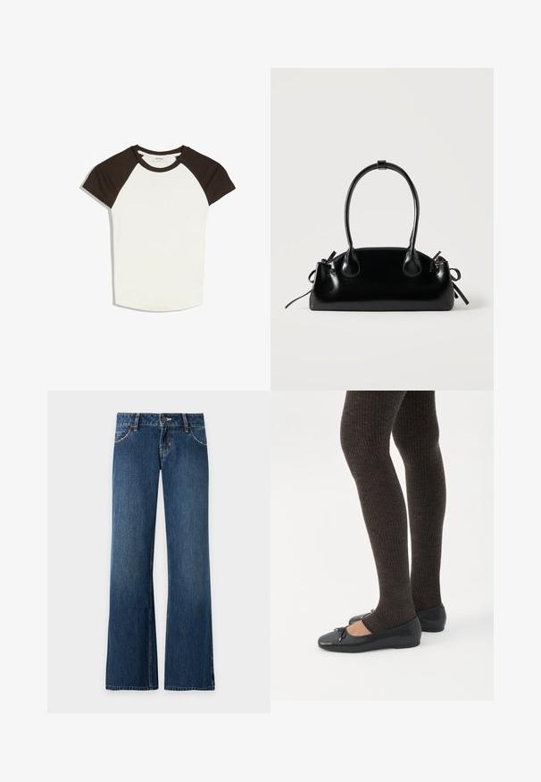 T-shirt raglan à manches courtes avec manches et col noirs, et corps blanc, posé à plat sur un fond blanc.; Jean denim bleu coupe droite avec poches avant, passants de ceinture, fermeture par bouton et coutures visibles sur un fond clair uni.; Jambes portant des leggings côtelés foncés associés à des ballerines noires avec de petits détails en nœud sur fond blanc.; Petit sac à main noir brillant avec deux longues anses et des détails à cordon sur les côtés sur un fond clair uni.