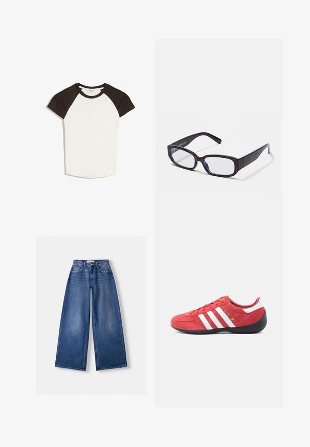 T-shirt raglan à manches courtes avec manches et col noirs, et corps blanc, posé à plat sur un fond blanc.; Jeans en denim bleu à jambes larges avec poches avant, passants de ceinture et fermeture par bouton, posés à plat sur un fond clair.; Chaussure de sport en daim rouge avec motif à trois bandes blanches, semelle en caoutchouc noire et forme minimaliste. Détail du logo doré sur le côté.; Lunettes rectangulaires en écaille de tortue brune avec des verres transparents et des branches épurées, présentant une texture lisse et un design minimaliste.