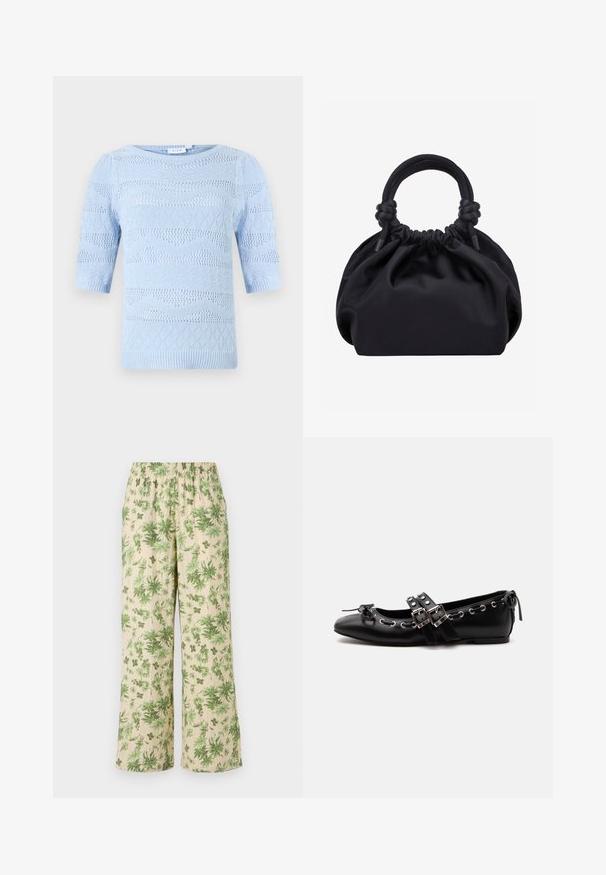 Suéter de punto azul claro con mangas cortas, que presenta patrones de textura variados y bordes acanalados. Cuello redondeado y diseño transpirable.; Pantalones de pierna ancha con estampado floral y cintura elástica; presentan hojas verdes sobre un fondo beige y un acabado de tela texturizada.; Zapato de ballet plano negro con correas de doble hebilla, ojales plateados y un pequeño lazo cerca de la puntera redondeada sobre un fondo blanco.; Bolso de mano de tela negra suave con parte superior fruncida y asas acolchadas circulares atadas con nudos a cada lado.