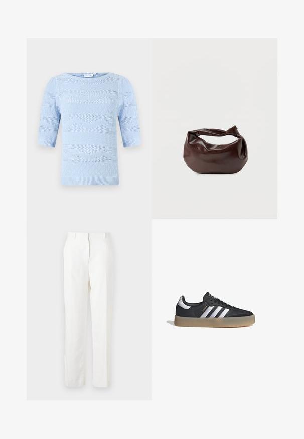 Suéter de punto azul claro con mangas cortas, que presenta patrones de textura variados y bordes acanalados. Cuello redondeado y diseño transpirable.; Pantalones blancos de pierna recta hechos de una tela ligera con una ligera textura. Presentan bolsillos frontales y un solo pliegue para un detalle adicional.; Zapatilla deportiva de cuero negro con tres rayas plateadas, punta texturizada y suela de goma. Cuenta con un collar acolchado y un diseño con cordones.; Bolso de hombro de cuero marrón oscuro con una forma suave y caída, y un asa con nudo torcido sobre un fondo blanco liso.