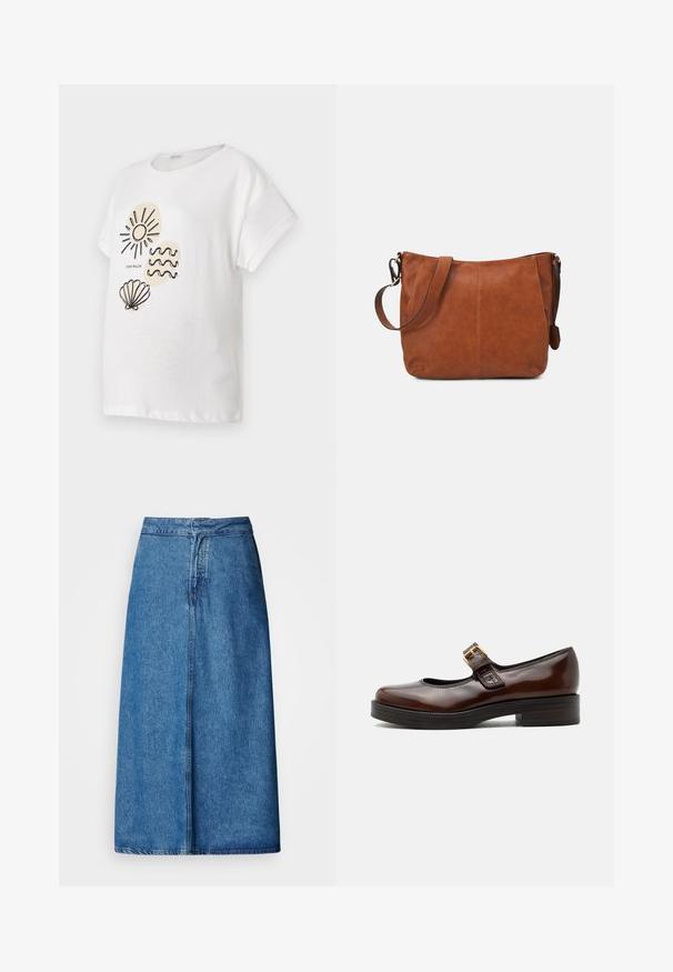 Witte katoenen t-shirt met korte mouwen, voorzien van zwarte lijntekeningen van een zon, golven en een schelp aan de voorkant.; Denim midi-rok met een ontspannen pasvorm, voorzien van een hoge taille, rafelige zoom en een effen blauwe kleur. Eenvoudig ontwerp zonder zichtbare versieringen.; Donkerbruine Mary Jane-schoen met glanzende afwerking, afgeronde neus, lage blokhak en gouden gesp over de wreef.; Bruine leren schoudertas met een gebogen vorm, verstelbare schouderriem en minimale stikdetails, met een ruime binnenkant.