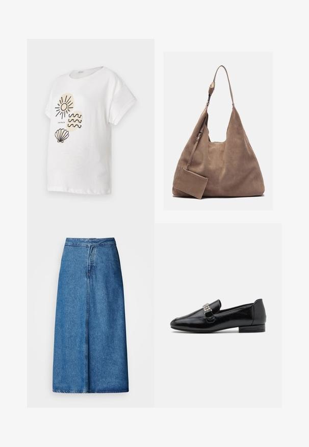 Hvid bomulds T-shirt med korte ærmer, der har sorte stregtegninger af en sol, bølger og en musling på forsiden.; Denim midi-nederdel med afslappet pasform, høj talje, frynset kant og ensfarvet blå. Enkel design uden synlige udsmykninger.; Sorte læder loafers med en lav hæl, der har en dekorativ krystalspænde på oversiden. Glat finish med rund tådesign.; Zign Shopping bags - light brown