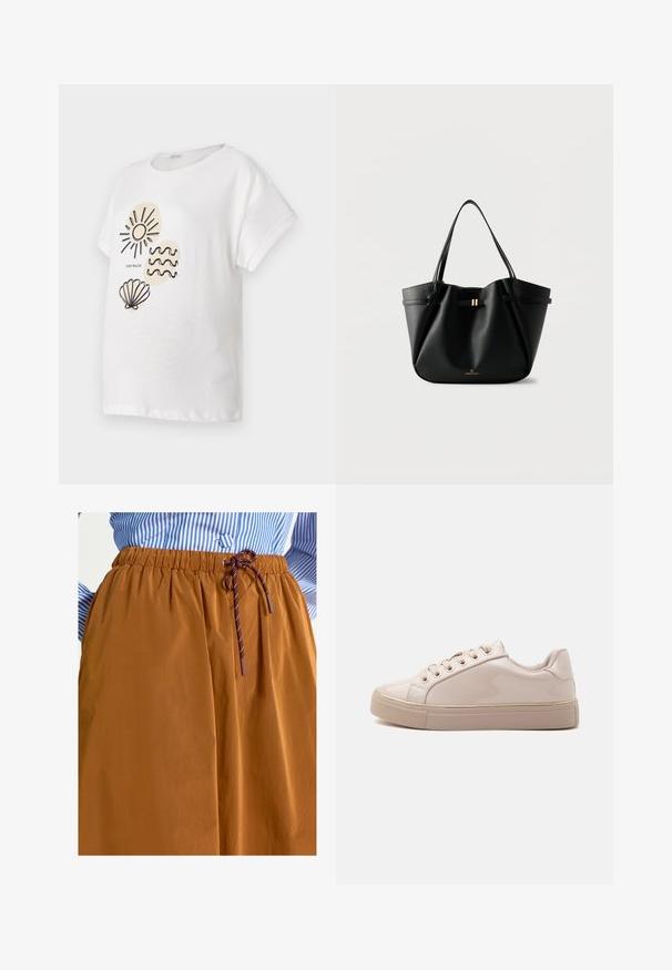 Weißes Baumwoll-T-Shirt mit kurzen Ärmeln, das auf der Vorderseite schwarze Linoskizzen einer Sonne, Wellen und einer Muschel zeigt.; Rich & Royal MIDI WITH DETAILS - A-Linien-Rock - cinnamon; Glänzender beigefarbener Low-Top-Sneaker mit Schnürsenkeln, goldenen Ösen und dicker Gummisohle, seitlich auf weißem Hintergrund gezeigt.; Schwarze Leder-Tasche mit zwei Schulterriemen, einem kleinen goldenen Verschluss und dem „Anna Field“-Logo auf weißem Hintergrund.