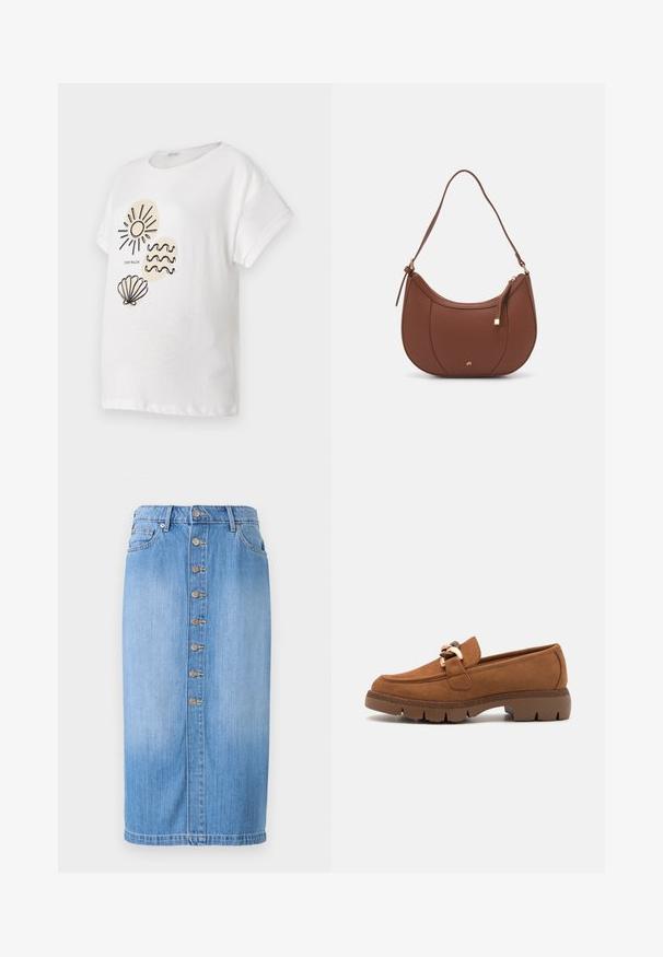 Witte katoenen t-shirt met korte mouwen, voorzien van zwarte lijntekeningen van een zon, golven en een schelp aan de voorkant.; Blauwe denim midi-rok met een rechte snit, voorzien van een sluiting met knopen aan de voorkant, vijf zakken en een vervaagde wassing voor textuur.; Bruine suède instappers met een decoratieve goudkleurige kettingaccent, voorzien van een gestructureerde rubbere zool en een afgeronde neuzen design.; Bruine faux leren schoudertas met een gebogen vorm, minimale stiksels en een gouden hardware-accent. Voorzien van een bovenste ritsluiting en een verstelbare schouderband.
