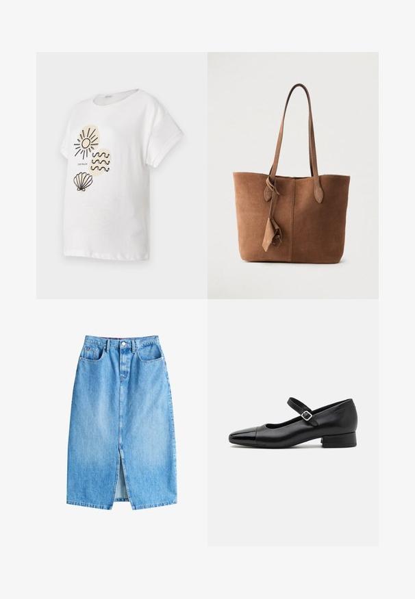Hvid bomulds T-shirt med korte ærmer, der har sorte stregtegninger af en sol, bølger og en musling på forsiden.; Lyseblå denimnederdel med en frontal slits, fem lommer og knaplukning. Har et klassisk lige snit og frynset kant.; Sorte læder Mary Jane-sko med en patenttå, justerbar ankelrem og lav blokhæl. Glat tekstur og strømlinet design.; Brun ruskinds-tote taske med to skulderremme, et enkelt design og en frynse-detalje på siden. Glat tekstur og struktureret form.