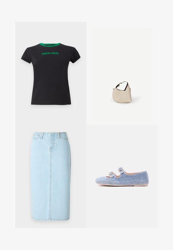 Čierne bavlnené tričko s krátkymi rukávmi a okrúhlym zeleným výstrihom. Obsahuje zelený potlačený text: "calvin klein, West 29th Street, New York City."; Svetlomodrá denim sukňa v strihu ceruzky s vysokým pásom, dizajnom s piatimi vreckami a jemnými švovými detailmi.; Svetlomodrá denimová pohodlná obuv s dvoma nastaviteľnými prackami a béžovou podrážkou, zobrazená z bočného profilu na bielom pozadí.; Béžová kožená kabelka v tvare polmesiaca s jedným ramenným popruhom a minimálnym prešitím, na jednoduchom bielom pozadí.