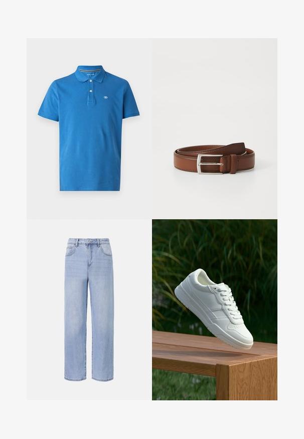 Blauwe poloshirt van katoen, met een kraag, een sluiting met twee knopen, korte mouwen en een klein logo op de borst.; Lichtblauwe denim jeans met een ontspannen, wijde pasvorm. Kenmerken zijn onder andere vijf zakken, een sluiting met een knoop aan de voorkant en subtiele vervaging.; Witte leren sneaker met een gladde textuur, voorzien van een geperforeerd ontwerp, klassieke vetersluiting en rubberen zool, gepositioneerd boven een houten oppervlak.; Bruine leren riem met een gladde afwerking, voorzien van een metalen gesp in zilver en subtiele stiksels langs de randen. Tijdloos en duurzaam ontwerp.