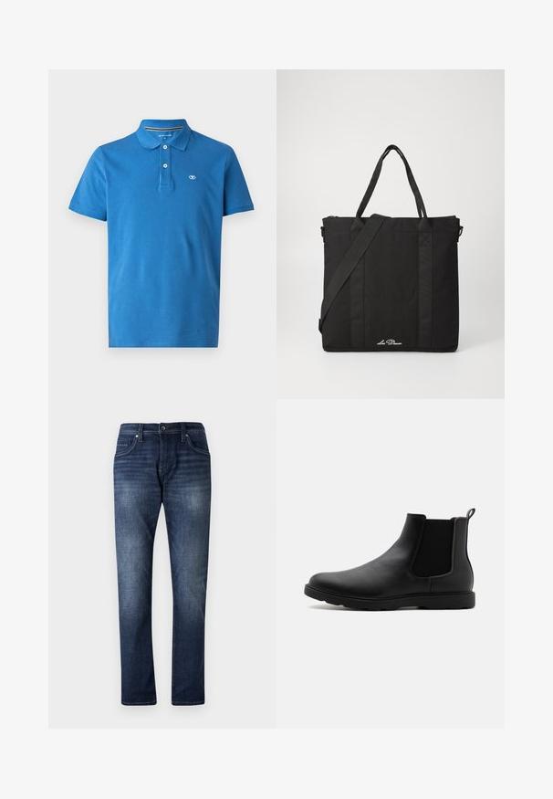 Blå polo skjorte lavet af bomuld, med krave, to-knaps lukning, korte ærmer og et lille logo på brystet.; Mørkeblå denimjeans med lige ben design, der har en falmet vask, fem lommer og synlige stikninger langs sømmene.; Sorte læder Chelsea støvle med elastiske sidepaneler, en trækflap og en holdbar gummisål. Glat tekstur og strømlinet design.; Sort tote bag lavet af slidstærkt stof med to top håndtag og en aftagelig skulderrem. Har en lynlåslukning og sidelæg.