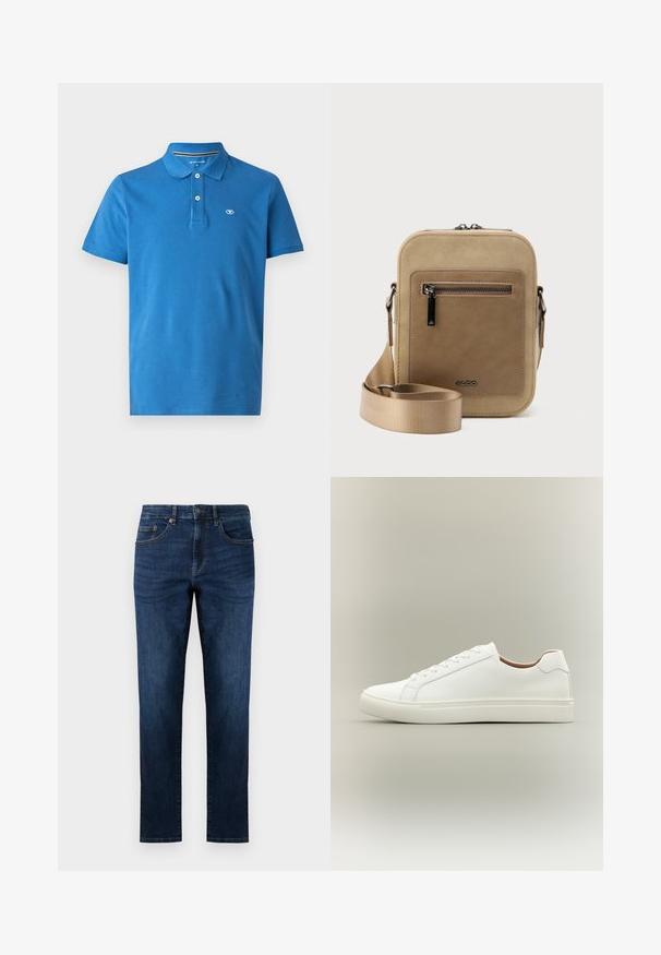 Blå polo skjorte lavet af bomuld, med krave, to-knaps lukning, korte ærmer og et lille logo på brystet.; Mørkeblå denim jeans med lige ben design, der har fem lommer, syede detaljer og en klassisk knaplukning.; Hvid lavt snøresko med snørelukning og flad sål, vist fra siden på en neutral baggrund.; Lille beige crossbody-taske med lynlåslomme foran, metal ALDO-logo, justerbar bred rem og rundet rektangulær form på hvid baggrund.