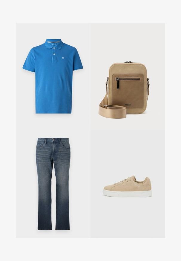 Blaues Polohemd aus Baumwolle, mit Kragen, zwei Knöpfen, kurzen Ärmeln und einem kleinen Logo auf der Brust.; TOM TAILOR MARVIN - Jeans Straight Leg - dark stone wash denim; Beiger Wildleder-Sneaker in niedrigem Schnitt mit Schnürverschluss und weißer Gummisohle vor hellem grauem Hintergrund.; Kleine beige Umhängetasche mit vorderer Reißverschlusstasche, metallischem ALDO-Logo, verstellbarem breitem Riemen und abgerundeter rechteckiger Form vor weißem Hintergrund.