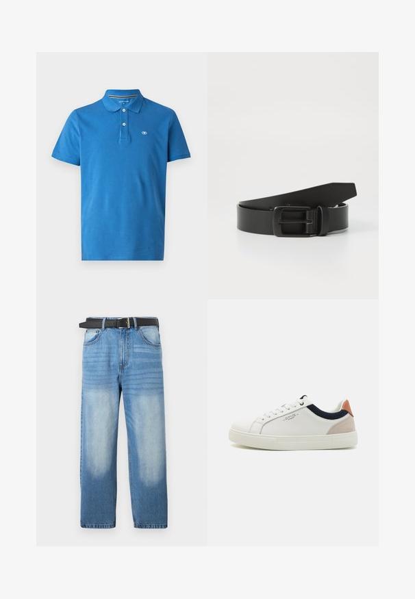 Camiseta polo azul hecha de algodón, con cuello, tapeta de dos botones, mangas cortas y un pequeño logo en el pecho.; Jean de mezclilla azul claro con pierna recta, que presenta un cinturón negro, parches desgastados y una sutil textura diagonal en la sección superior.; Zapatillas blancas de cuero con un diseño de caña baja, acento en tela azul marino en el cuello y una lengüeta de talón de ante rosa claro. Suela de goma.; Cinturón de cuero negro con hebilla metálica negra mate, que presenta una textura suave y un diseño sencillo. Longitud ajustable con un extremo cónico.