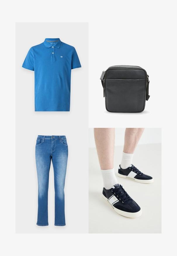 Blå polo skjorte lavet af bomuld, med krave, to-knaps lukning, korte ærmer og et lille logo på brystet.; Blå denim jeans med lige ben, der har fem lommer, lynlås og kontrastsyninger. Stoffet har en medium vask med falmning.; Marinblå sneakers med hvide detaljer, overdel i ruskind og tekstil, snørebåndsdesign, let tekstureret gummiskolet, med et logo på tungen.; Sort læder crossbody taske med en tekstureret finish, der har en top zip-lukning og en frontlomme med lynlås. Kompakt og kvadratisk design.
