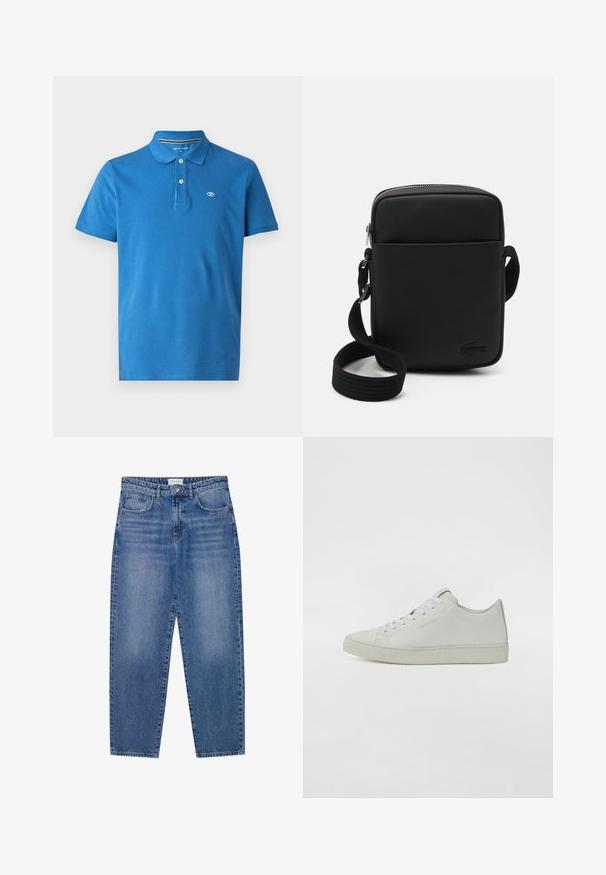 Blaues Polohemd aus Baumwolle, mit Kragen, zwei Knöpfen, kurzen Ärmeln und einem kleinen Logo auf der Brust.; Blaue Denim-Jeans mit hoher Taille, geradem Bein und ausgebleichtem Finish. Verfügt über fünf Taschen und einen Knopfverschluss.; Weiße Leder-Sneaker mit einem Low-Top-Design, runden Schnürsenkeln, minimaler Naht und einer strukturierten Gummisohle.; Schwarze rechteckige Umhängetasche aus strukturiertem Material. Verfügt über einen oberen Reißverschluss, einen verstellbaren Riemen und ein auf der Vorderseite eingeprägtes Logo.